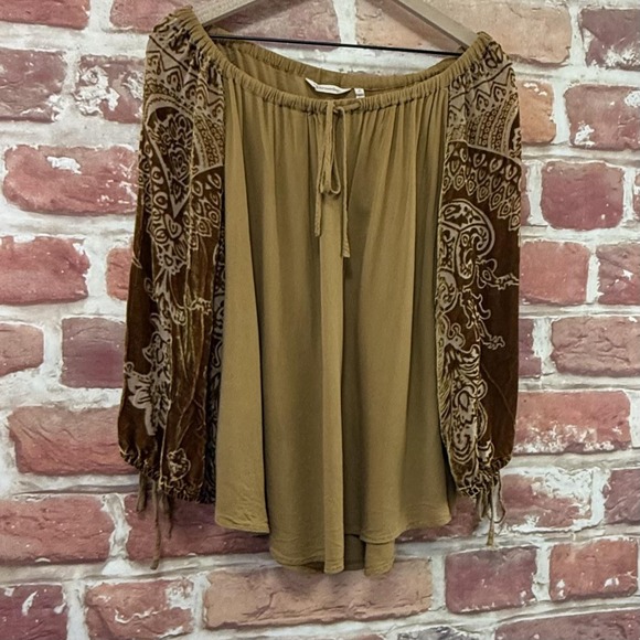 Soft Surroundings Top Women's XL Brown Boho Floral Velvet Burnout Sleeve Shirt - Picture 2 of 8